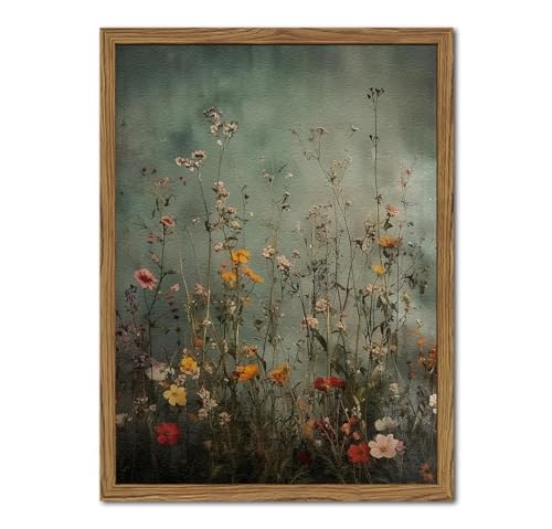 Vintage Wildflower Wall Art, Green Flower Wall Decor Painting, Hand Drawn Sandstone 3D Textured Farmhouse Botanical Nature Landscape Artwork for Living Room Bedroom 12x16 inch Wood Framed - color: Green flowers, size: 16"L x 12"W