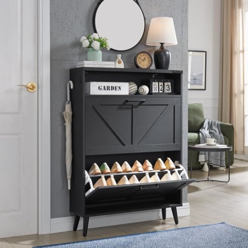 Barnyatoh Farmhouse Shoe Storage Cabinet with 2 Flip Drawers & Open Storage | Hidden Slim Narrow Shoe Rack Cabinet,Barn Door,Adjustable Shelves,Wood Shoes Organizer for Entryway,Foyer,Hallway, Black - color: Black, size: 2-Drawers