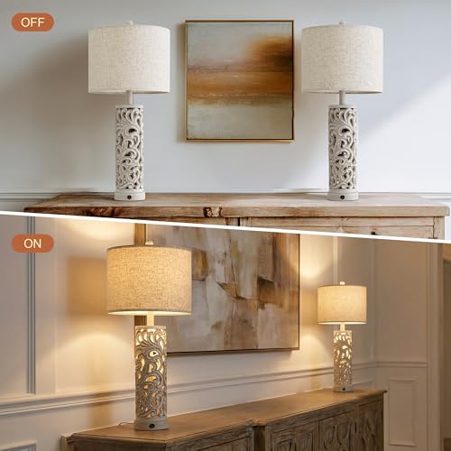 2-in-1 Light Table Lamp Set of 2 for Living Room, 28.5" Farmhouse Bedside Lamps with USB Charging Port, Main&Night Light & Dual Switches, Nightstand Lamp for Bedroom Home Office(Bulb Included) - color: Retro Grey