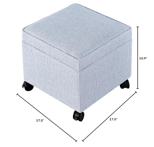 17" Square Storage Ottoman with Wheels, Upholstered Linen Movable Cube Footrest & Extra Seat with Flip Top for Living Room, Bedroom, Blue Grey - color: Blue Grey With Wheels