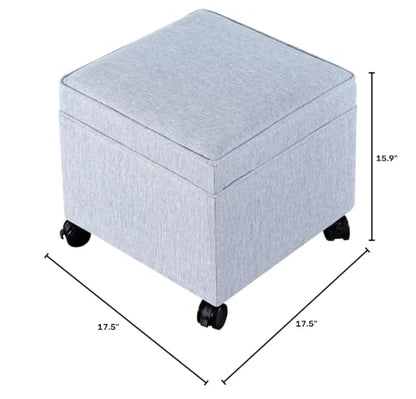 17" Square Storage Ottoman with Wheels, Upholstered Linen Movable Cube Footrest & Extra Seat with Flip Top for Living Room, Bedroom, Blue Grey - color: Blue Grey With Wheels