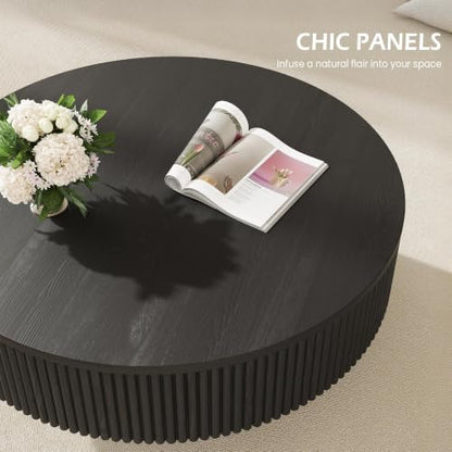 YOUDENOVA 31.5” Round Fluted Coffee Table, Modern Wood Circle Coffee Table, Veneer Handcrafted Relief Tea Table with Sturdy Pedestal for Living Room，Easy Assembly - Black - color: 31" All Black-round