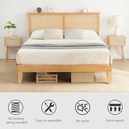 GarveeHome Rattan Bed Frame Queen, Rustic-Chic Bed Frame Queen Size with Natural Rattan Headboard, Queen Bed with Led Lights, Wooden Support Legs and Slats, Noise-Free, No Box Spring Needed - size: Queen