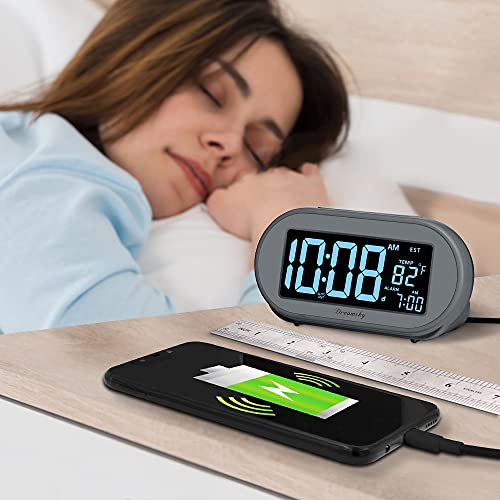DreamSky Alarm Clocks for Bedrooms, Auto Set Digital Clock with Date & Temp | Electric Desk Clock with Dimmable Brightness Dimmer for Bedside Nightstand, Auto DST, USB Port, Temperature, Snooze - color: Gray