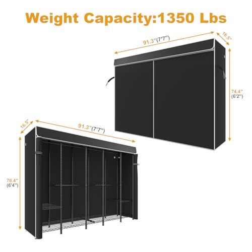 H50C Clothes Rack with Cover, Large Covered Clothing Rack, Black | Freestanding Portable Closets for Hanging Clothes, Heavy Duty Garment Racks with Shelves, 91.3 Inches Wide, Max Load 1350 Lbs - color: Black Rack with Black Cover