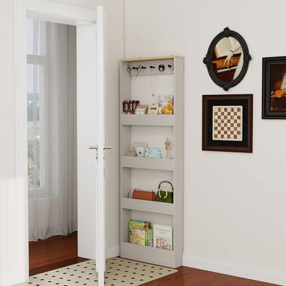 Behind Door Bookshelf Kids,Wooden Slim Tall Bookshelf 4-Tier Narrow Shelf | Space-Saving Book Shelf Organizer for Toys & Story Books Wall Mount Shelves with 5 Hooks Bedroom Living Room Antique White