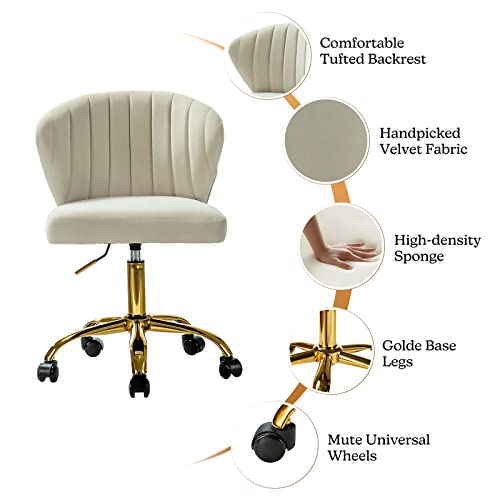 TINA'S HOME Office Desk Chairs with Wheels & Gold Base, Modern Velvet Cute Armless Office Chair, Adjustable Low Back Swivel Rolling Chair, Upholstered Task Chair for Living Room Vanity Study-TAN | Modern Velvet Cute Armless Office Chair, Adjustable Low Ba