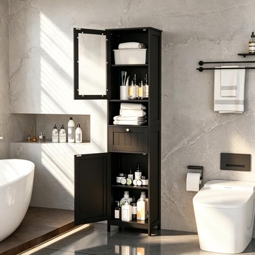 Greenvelly 67" Tall Bathroom Storage Cabinet, Narrow Freestanding Storage Unit with Magnetic Door, Drawer & Adjustable Shelves, Anti-Tip Floor Cabinet for Bathroom, Living Room, Black - color: Black