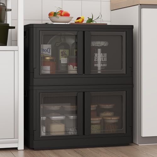 FLEXIMOUNTS 152 QT Stackable Plastic Storage Bins With Lids, Black | Collapsible Foldable Storage Bins with Front Doors and Built-in Wheels, Organizers and Storage for Home, Dorm, 2 Pack Cubes - color: Black, size: 76 Qt-2 Pack