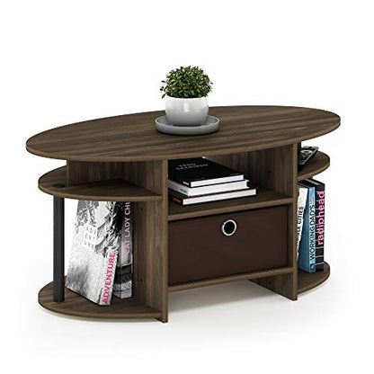 Oval Modern Coffee Table with Side Shelves and Storage Bin, Side Table with Shelf, Coffee Table, for Bedroom, Living Room, Home Office, Columbia Walnut - color: Columbia Walnut/Black/Dark Brown