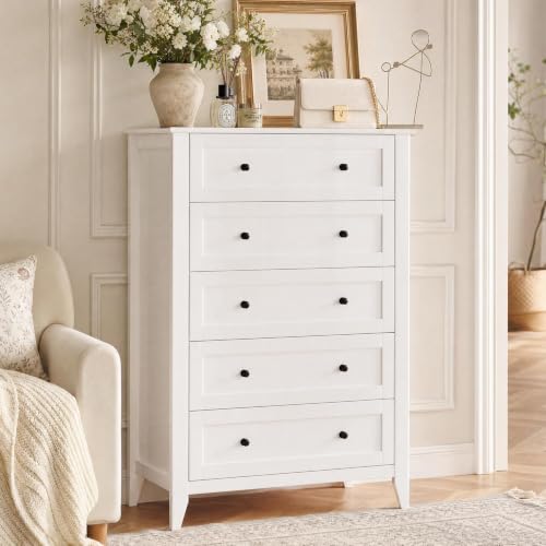 GarveeHome Modern 5 Chest of Drawer Dresser, White | Tall Nightstand with Deep Drawers and Nickel Round Handle, Wood Organizer Storage Cabinet for Bedroom, Living Room, Hallway - color: White, size: 15.7"D x 31.5"W x 42.5"H (5 Drawers)