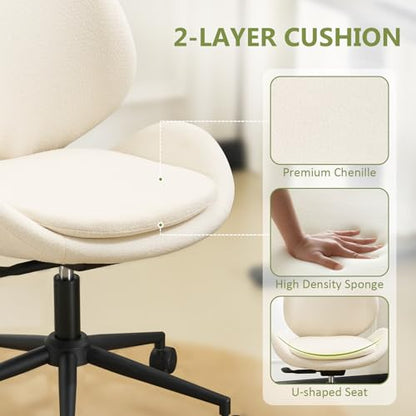 Armless Office Chair with Wheels, Luxury Chenille Swivel Desk Chair with Ergonomic Curved Teardrop Back, Double-Layer Seat, Modern Vanity Chair for Makeup, Home Office, Cream White - color: Cream White, size: Teardrop Back