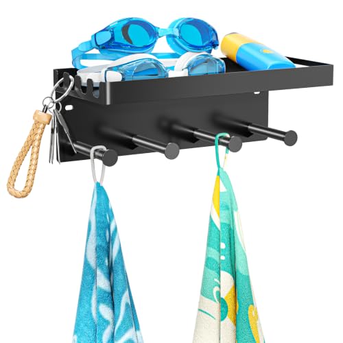 Pool Towel Racks with Shelf Wall Mounted, Pool Towel Holder Outdoor with 4 Hooks, Metal Towel Hanger Pool Accessories Organizer for Robe, Towel, Coat, Swimsuit, Bag, Keys