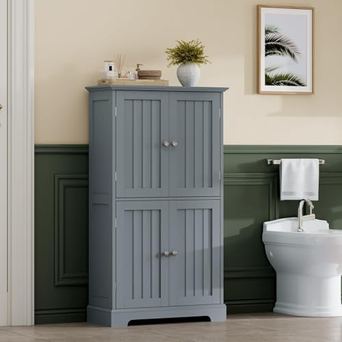 ChooChoo Bathroom Floor Cabinet with Adjustable Shelves | Bathroom Storage Cabinet, 4 Doors, Freestanding Cupboard for Living Room, Grey - color: Grey, size: 11.81"D x 23.62"W x 43.31"H