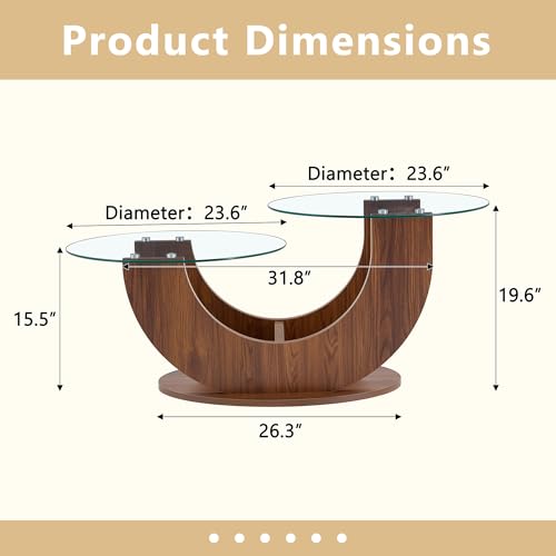 Modern Glass Coffee Table, 31.8" U-Shaped Wood Base Side Table with Tempered Glass Top, 2-Tier Round Accent Table with Walnut Finish for Living Room, Bedroom, Office - color: Walnut, size: 31.8" U-Shaped