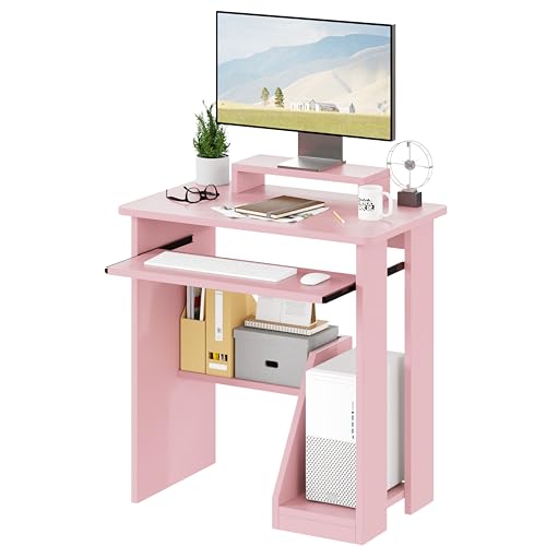 ALISENED 30 Inch Computer Desk, with Keyboard Tray & Monitor Stand | Compact Desk for Space-Saving, Ergonomic Study Desk with Storage Shelves for Writing, Gaming, Working, Pink - color: 30"-pink