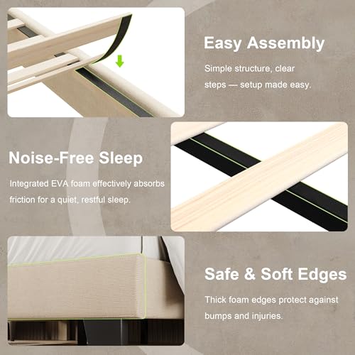 Einhomn Full Size Bed Frame with Headboard, Upholstered Linen Platform Bedframe with Solid Wooden Slats, Noise-Free, No Box Spring Needed, Easy Assembly, Beige - color: Beige, size: Full