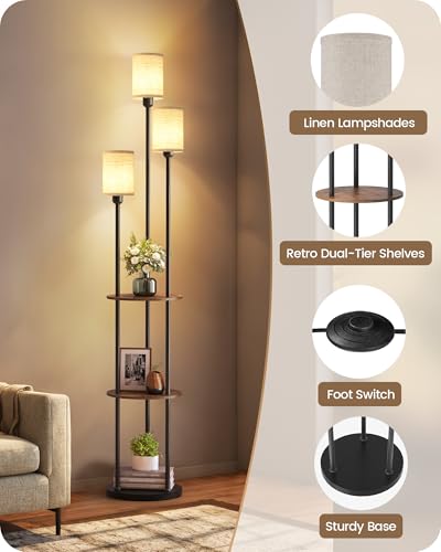 70.9" Floor Lamp with Shelves, Modern Floor Lamp with 3 Linen Shades and Foot Switch, 3-Light Standing Lamp, for Living Room, Bedroom, Study, Office, Rustic Brown and Beige EF53LD05 - color: Rustic Brown + Beige