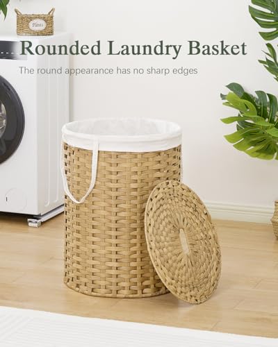 SETVSON Laundry Basket with Lid Round 29.1 Gal PE Rattan, Natural | Family Clothes & Blanket Trunk with Lid, Removable Liner Bag with Handles, 2 Mesh Wash Bags, Collapsible Steel Frame - color: Natural, size: 110 L