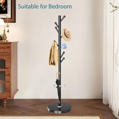 OIRUMIE Coat Rack,Metal Coat Rack Frestanding,Black Coat Stand for Entryway | Coat Rack Stand with Marble Base & Umbrella Holder,Modern Coat Hanger Stand,Coat Clothes Tree Stand for Hallway - color: Black-8 Hooks
