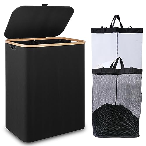 IEGrow Laundry Hamper with Lid,150L Laundry Basket with 2 Mesh Bags,Black | Dirty Clothes Hamper Basket with Bamboo Handle for Clothes Towels - color: Black, size: 150L