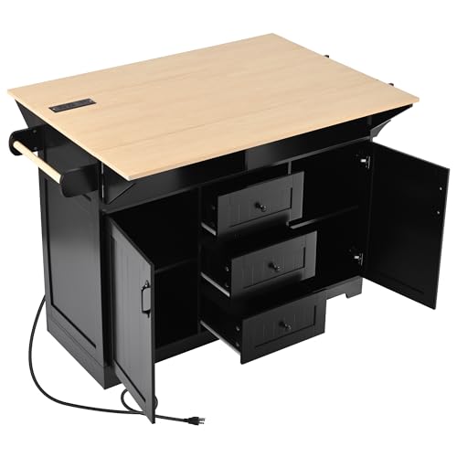 55.7" W Kitchen Island with 2 Drop Leaf, Moblie Kitchen Cart On Wheels with Storage Cabinet, 3 Drawers, Multifunctional Rolling Dining Table with Power Outlet, Spice & Towel Rack (Black-v) - color: Black-v)