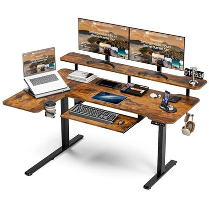 59 Inch L Shaped Standing Desk with Shelves and Keyboard, Electric Corner Standing Desk Adjustable Height, Sit Stand Computer Table with Reversiable Splice Board，Rustic Brown