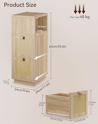YMYNY Rattan Nightstands Set of 2, Boho Bedside Table with Open Shelf, 2 Drawers, 9.45" x 11.42" x 25.59", Narrow Side Table, Bedside Cabinet for Bedroom and Small Spaces, Natural UHST017N-2 - color: Natural
