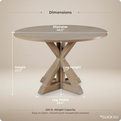 Alfred 46.5 Inch Round Dining Table for 4, Solid Wood Farmhouse Kitchen Table with Distressed Beige Finish and Pedestal Trestle Base