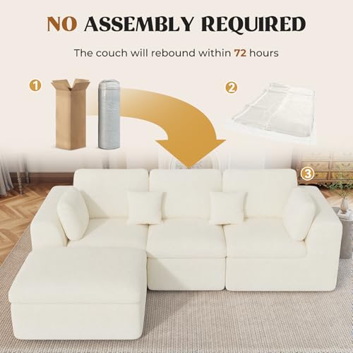 Luxanimarion 115" Cloud Boneless Sectional Couch, Deep Seat L Shaped Modular Couch with Ottoman, Oversized Upholstered Convertible 4 Seater Modular Sofa for Living Room,Black Chenille - color: Beige, size: 3 Seater + 1 Ottoman
