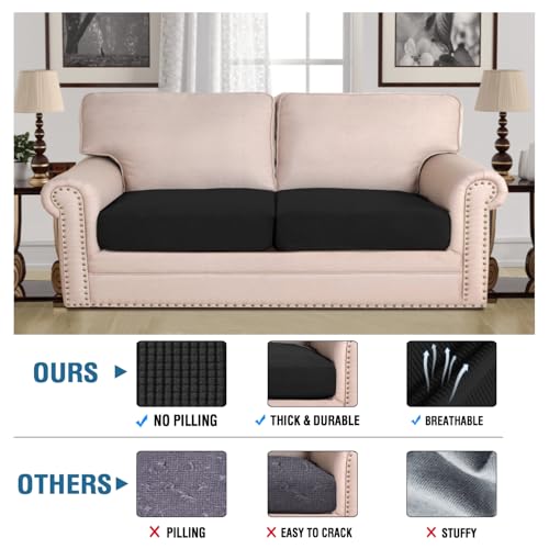 H.VERSAILTEX Super Stretch Individual Seat Cushion Covers Sofa Covers Couch Cushion Covers Slipcover Sets Thick Jacquard Textured Twill Fabric (2 Piece Large Sofa Cushion Covers, Black) - color: Black, size: 2 Cushion Sofa