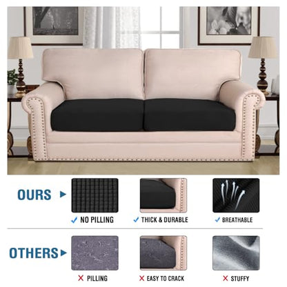 H.VERSAILTEX Super Stretch Individual Seat Cushion Covers Sofa Covers Couch Cushion Covers Slipcover Sets Thick Jacquard Textured Twill Fabric (2 Piece Large Sofa Cushion Covers, Black) - color: Black, size: 2 Cushion Sofa