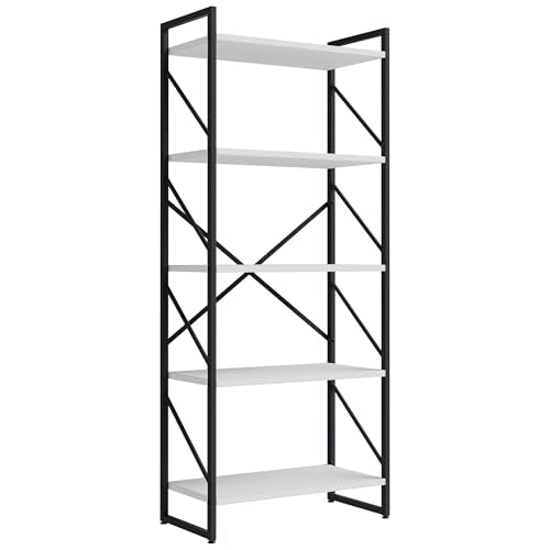 Shintenchi 5 Tiers Bookshelf, Classically Tall Bookcase Shelf,Industrial Book Rack,Modern Book Holder in Bedroom/Living Room/Office, Storage Rack Shelves for Books/Movies,11.8" Dx23.6 Wx62.2 H,White - color: White