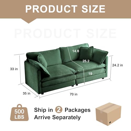 76.7 Inch Modular Sectional Cloud Sofa, 2-Seat Chenille Green | Chenille Deep Seat Sofa with Pillow for Living Room, Bedroom and Apartment - color: Green, size: 76.7 inch-Straight