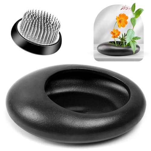Ikebana Flower Frog Vase Set, 1.57in Stainless Steel Florist Frog for Arrangements and Ceramic Water Drop Pot, Elegant Ikebana Flower Holder for Cut Flowers, Floral Decor Kit(Black Small Size) - color: Black, size: Small Size