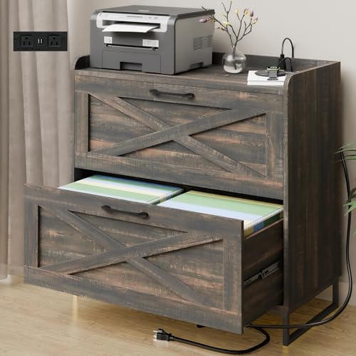 Vabches 2 Drawer Lateral File Cabinet with Charging Station, Dark Oak | Modern Farmhouse Large Wood File Storage Cabinet for Legal/Letter/A4 Size Hanging Files,Printer Stand for Home Office - color: Dark Rustic Oak