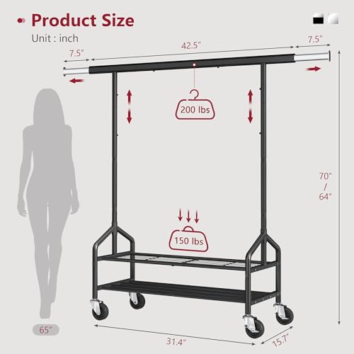 Clothing Rack with 2 Shelves, Metal Heavy Duty Load 350 LBS, Black | Adjustable Clothes Rack, Extendable Garment Rack for Hanging Clothes, Rolling Rack for Bedroom, Laundry Room, Clothes Store - color: Black