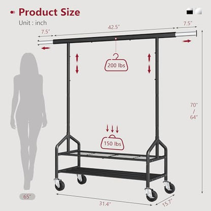 Clothing Rack with 2 Shelves, Metal Heavy Duty Load 350 LBS, Black | Adjustable Clothes Rack, Extendable Garment Rack for Hanging Clothes, Rolling Rack for Bedroom, Laundry Room, Clothes Store - color: Black