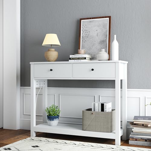 Gizoon Console Table with Outlets, White | Modern Sofa Table with 2 Drawers, Open Shelf for Living Room, Front Hall, Entrance Hall, Study Room - color: White, size: 39"W with Outlets