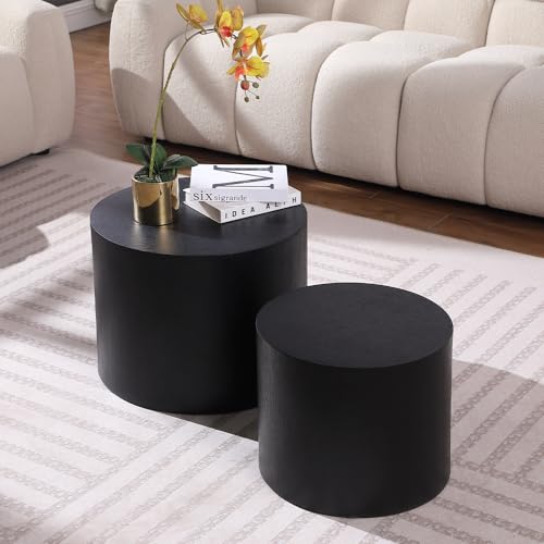 Nesting Coffee Table Set of 2, Black Round Wooden Modern Circle Table for Small Space Living Room Bedroom Accent End Side Table (Black-Round) - color: A-black