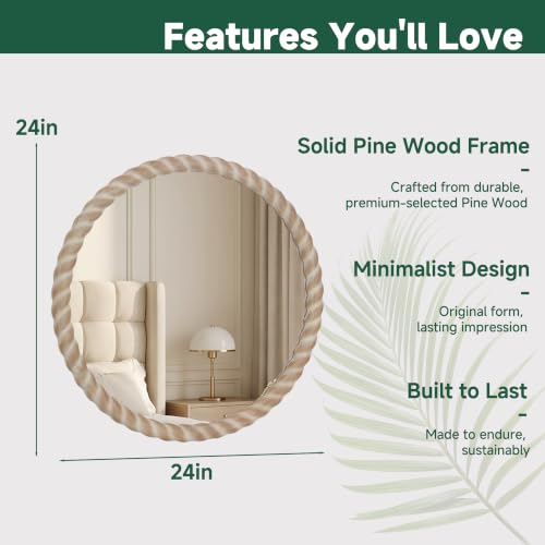 24"x24" Round Solid Wood Farmhouse Decorative Wall Mirror | Timeless Circle Wall Mirror with Natural Color Braided Wood Frame, Perfect for Bathroom, Vanity, Entryways, Living Rooms ﻿ - color: Natural Color, size: 24"L x 24"W