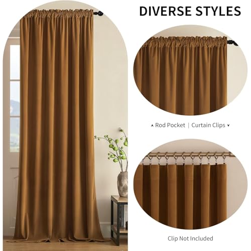 Joydeco Camel Brown Velvet Curtains 63 inch Length 2 Panels, Luxury Blackout Rod Pocket Thermal Insulated Window Curtains, Super Soft Room Darkening Drapes for Living Room Bedroom,W52 x L63 inches - color: Rod Pocket | Camel Brown, size: 52"W x 63"L (Pack