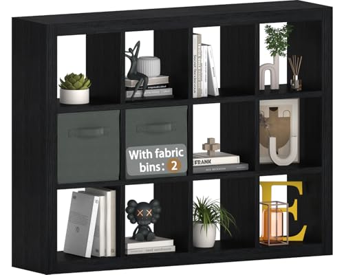 furtble Bookshelf with Storage Bin, 12-Cube Storage Organizer, Modern Wood Open Bookcase, Multifunctional Display Shelf for Living Room, Bedroom, Home Office, Black - color: Black, size: 12 cube