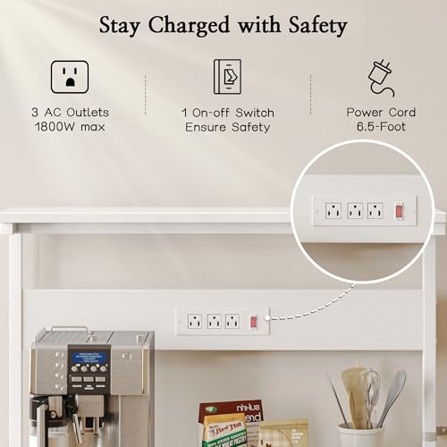 SUPERJARE Bakers Rack with Power Outlets, Microwave Stand, 31.5 X 16.5 Inch Larger Desktop, Kitchen Storage Rack with Adjustable Middle Shelf, 6 S-Shaped Hooks, Coffee Bar Stand, White - color: White, size: 31.5 inch
