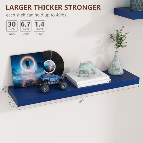 fuqing 30 Inch Floating Shelves, 6.7 Inch Deep Blue Wall Shelves Set of 2 | 30'' x 6.7'' x 1.4'' Dark Blue Shelves for Boys' Room Living Room, 40LBS, Lightweight, Hardware Included, Waterproof Finish - color: Dark Blue, size: 30 Inch
