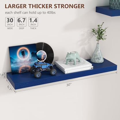 fuqing 30 Inch Floating Shelves, 6.7 Inch Deep Blue Wall Shelves Set of 2 | 30'' x 6.7'' x 1.4'' Dark Blue Shelves for Boys' Room Living Room, 40LBS, Lightweight, Hardware Included, Waterproof Finish - color: Dark Blue, size: 30 Inch