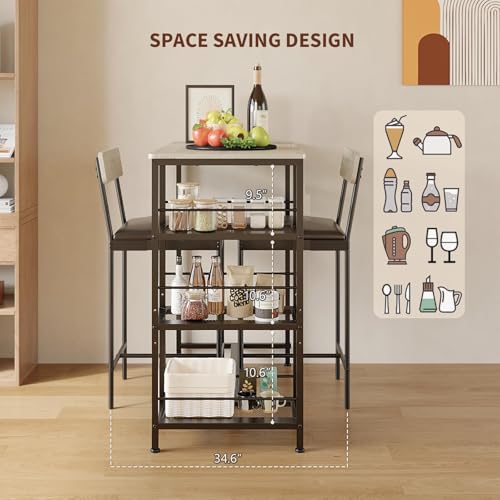 GarveeLife Dining Table Set for 2, Counter Height Bar Table Set with Storage ＆ Stools, High Top Pub Table and Chairs for Kitchen, Dining Room, Sofa Side, Apartment, Breakfast Nook - color: Oak