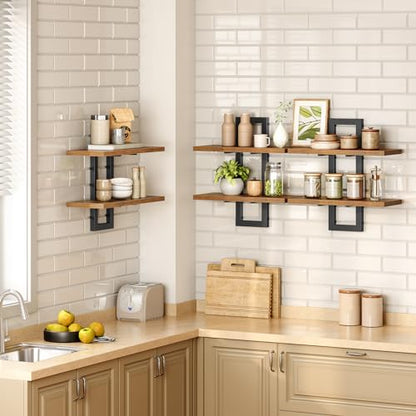 HOOBRO Floating Shelves, 15 Inch Wall Shelf Set of 3, Wall Mounted Storage Shelves 2-Tier, Hanging Bathroom Shelves, for Living Room, Bedroom, Bathroom, Kitchen, Rustic Brown and Black BF32BJP301 - color: Rustic Brown + Black
