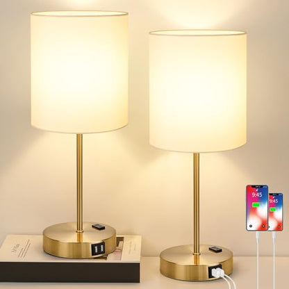 Lynnoland 2 Pack Touch Control Table Bedside Lamps with 2 USB & AC Outlet, 3-Way Dimmable Bedside Nightstand Lamps for Bedroom Living Room Nursery, 800 Lumens 3000K Warmlight Bulbs Included - color: (2 Pack)White & Brushed Gold(Base)-Included 3000K Bulbs