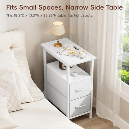 Set of 2 White Nightstand with Charging Station and LED Lights, Narrow Side Table, LED Night Stand with 2 Fabric Drawers, Bedside Table Small End Table, Tall Nightstand for Bedroom, White - color: White, size: 2, style: With LEDs